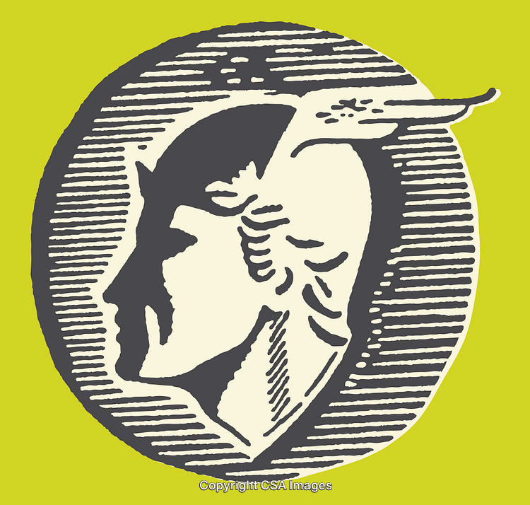 Stylized Vintage Line Art Portrait of Winged Figure in Profile