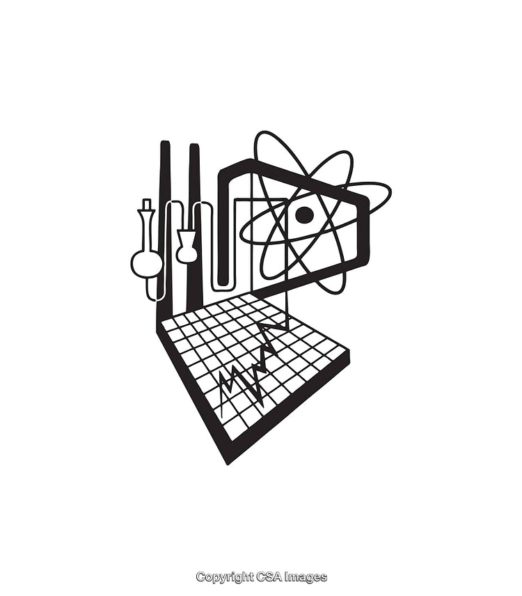 Black and White Science-Themed Line Art Featuring Atomic Elements