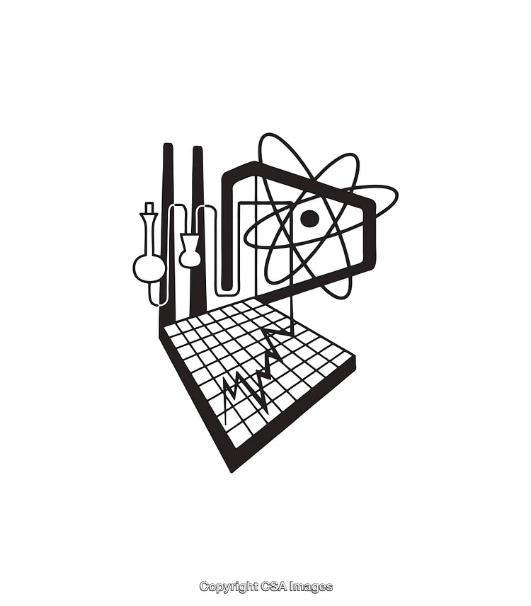 Black and White Science-Themed Line Art Featuring Atomic Elements