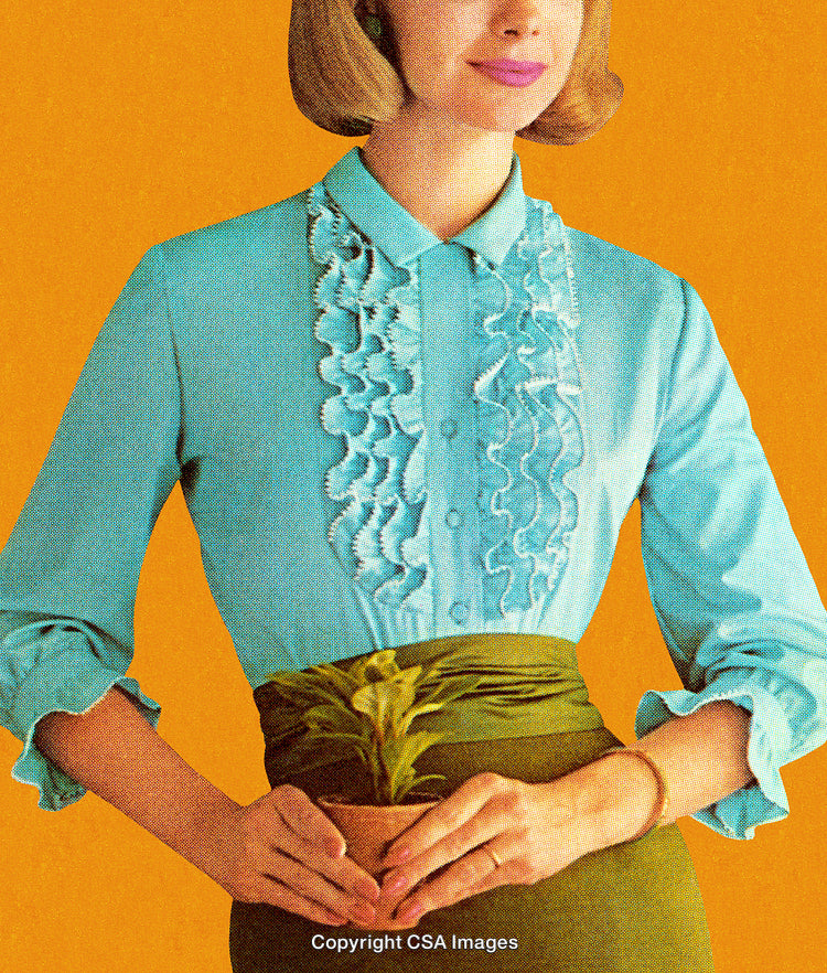 Retro Styled Portrait of a Woman Holding a Small Plant