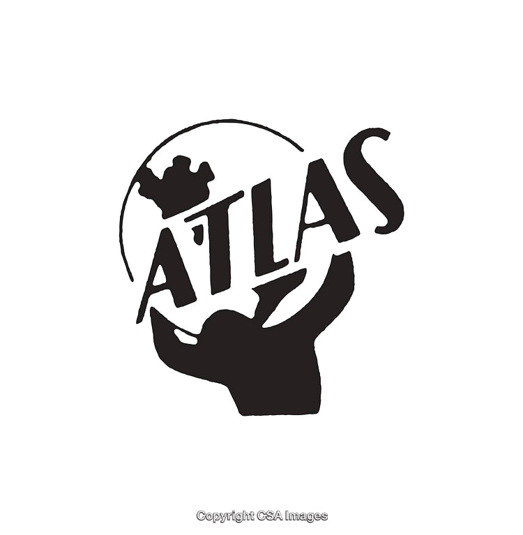 Atlas Logo Art Featuring Silhouette Carrying Globe with Crown Emblem