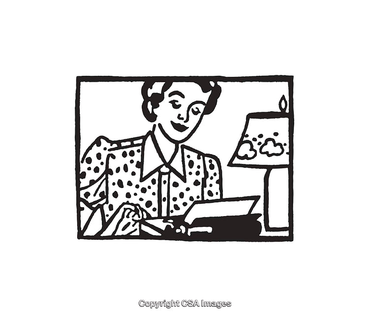Vintage Black And White Illustration of a Woman Writing at a Desk