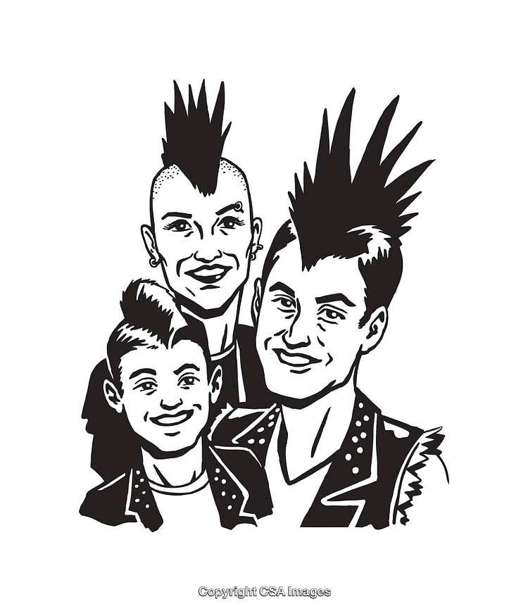 Black and White Line Art of a Punk Family Illustration
