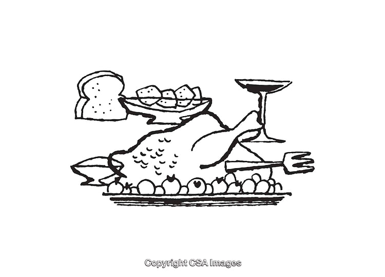 Hand-Drawn Line Art Depicting a Festive Dinner Scene With Various Foods