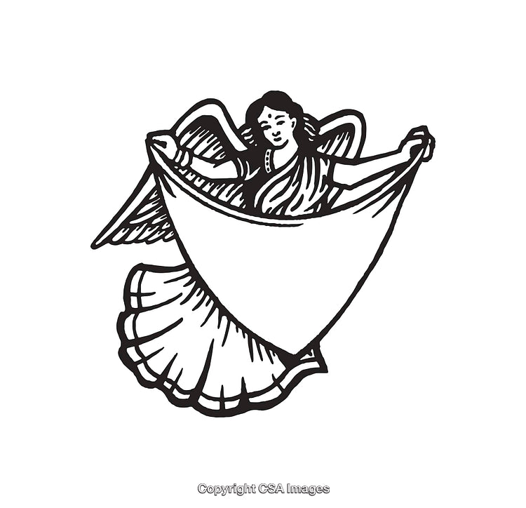 Black and White Angel Illustration Holding Fabric in Elegant Pose