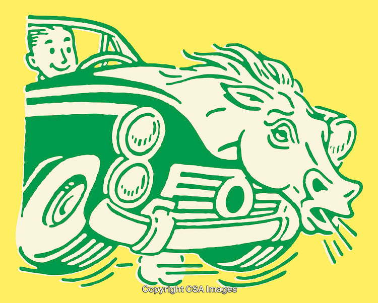 Retro Green and Yellow Illustration Featuring Car with Bull Imagery