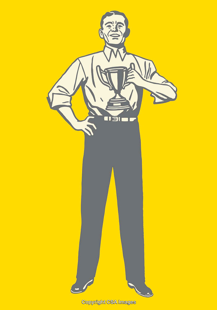 Stylized Illustration of a Man Holding a Trophy on Yellow Background