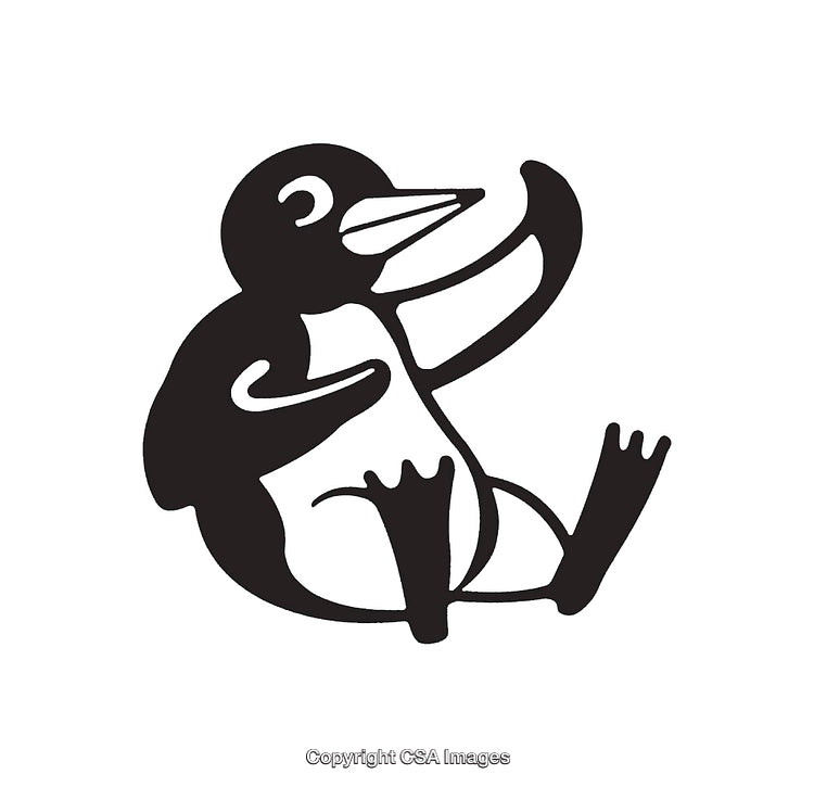 Black and White Line Art Illustration of a Penguin in Playful Pose