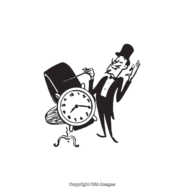 Illustration of a Distinguished Man with a Large Clock in a Black Hat