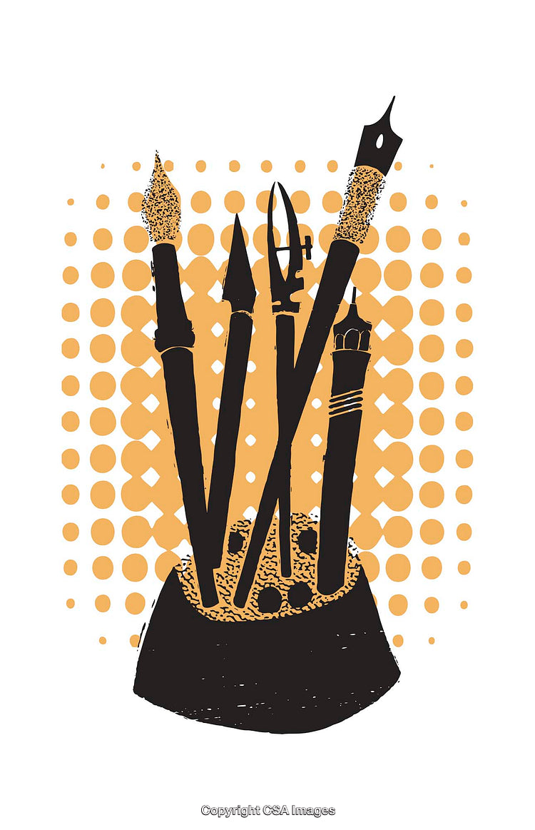 Creative Tools Illustration Featuring Pens and Brushes on a Stylized Background