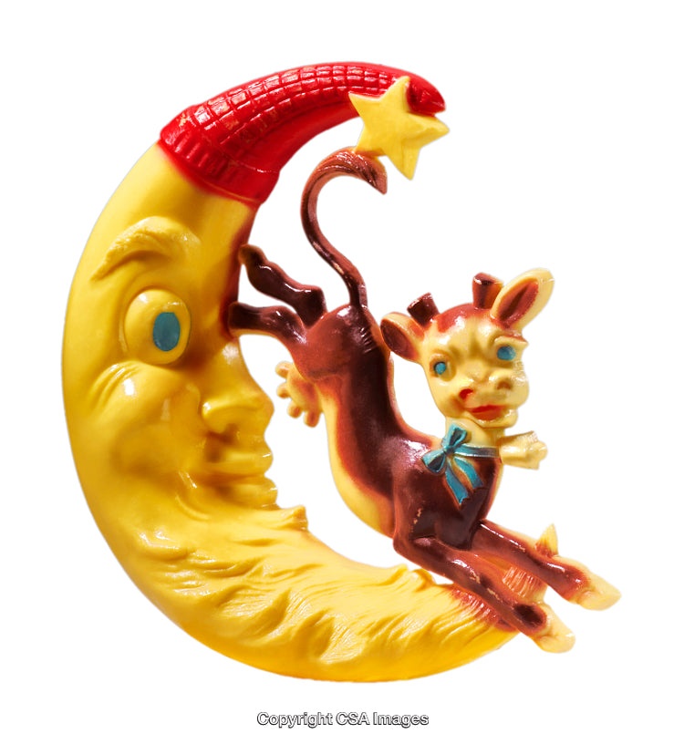 Vintage Plastic Moon and Cow Figurine with Whimsical Design