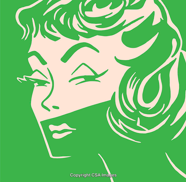 Stylized Retro Woman Face with Green Background in Line Art Style