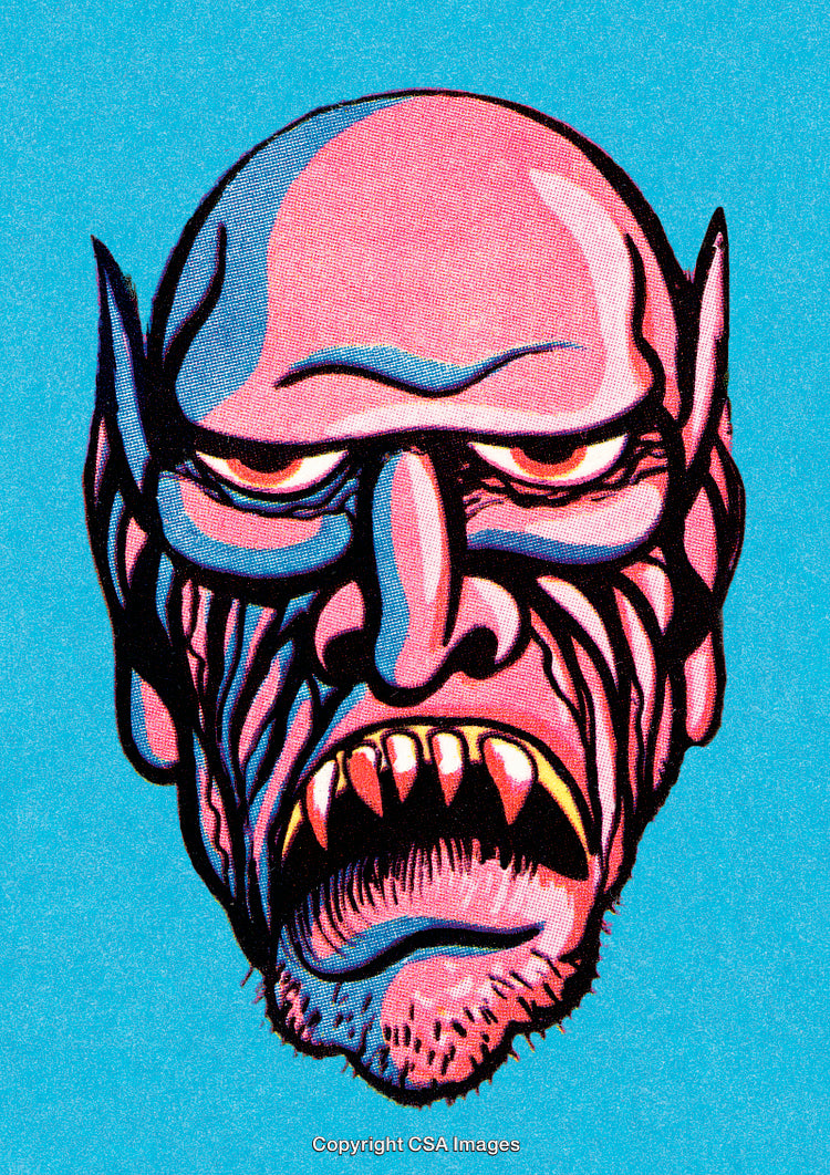 Abstract Illustration of a Bald Vampire Monster with Bright Colors on Blue Background