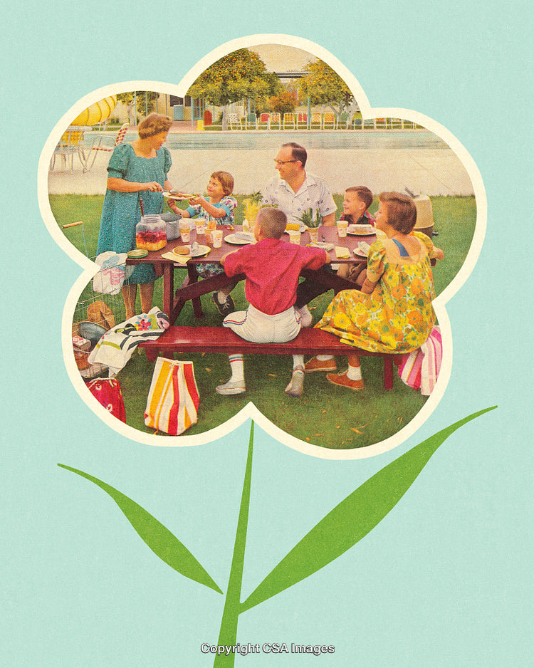 Retro Family Picnic Scene with Stylized Floral Frame Design Outdoors