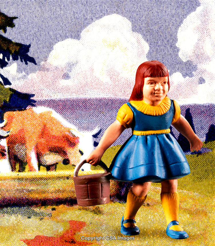 Colorful Toy Figure of Girl Holding Bucket in Pastoral Scene