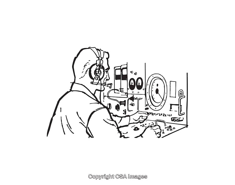 Black and White Line Art of Radio Operator at Workstation