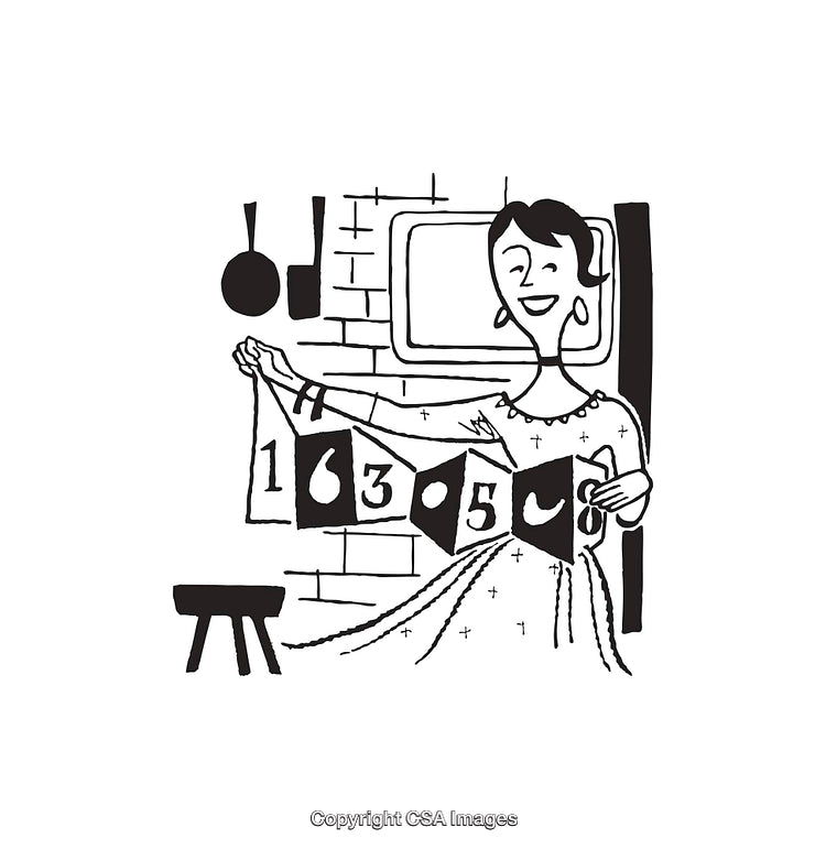 Retro Illustration of a Woman Crafting Decorative Banner in Black and White
