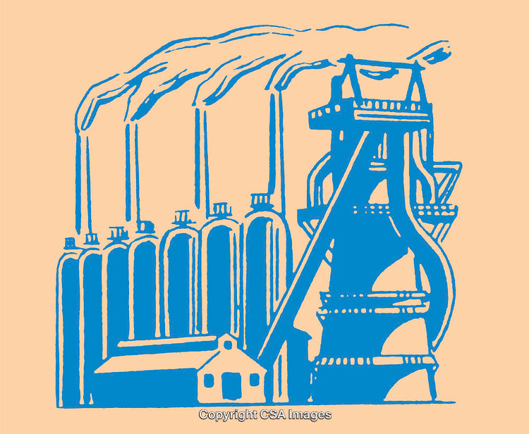 Industrial Factory Illustration with Chimneys and Equipment in Blue and Beige Colors
