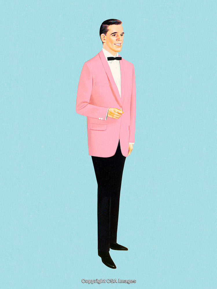 Elegant Man in Pink Jacket and Bow Tie on Calm Blue Background