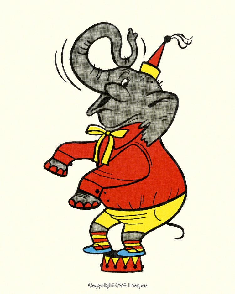 Cartoon Elephant Dressed as Clown Performing on Circus Pedestal