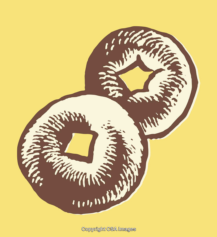 Stylized Illustration of Two Bagels in Line Art on Yellow Background