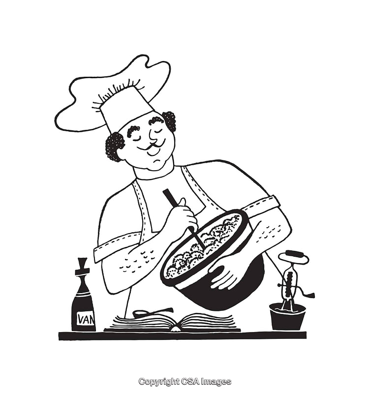 Cartoon Chef Stirring a Bowl in a Kitchen Setting with Cooking Supplies