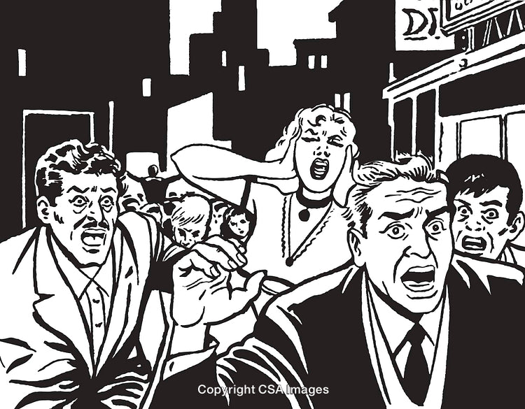 Panicked Crowd Reacting in a Nighttime Urban Setting, Black and White Art Style
