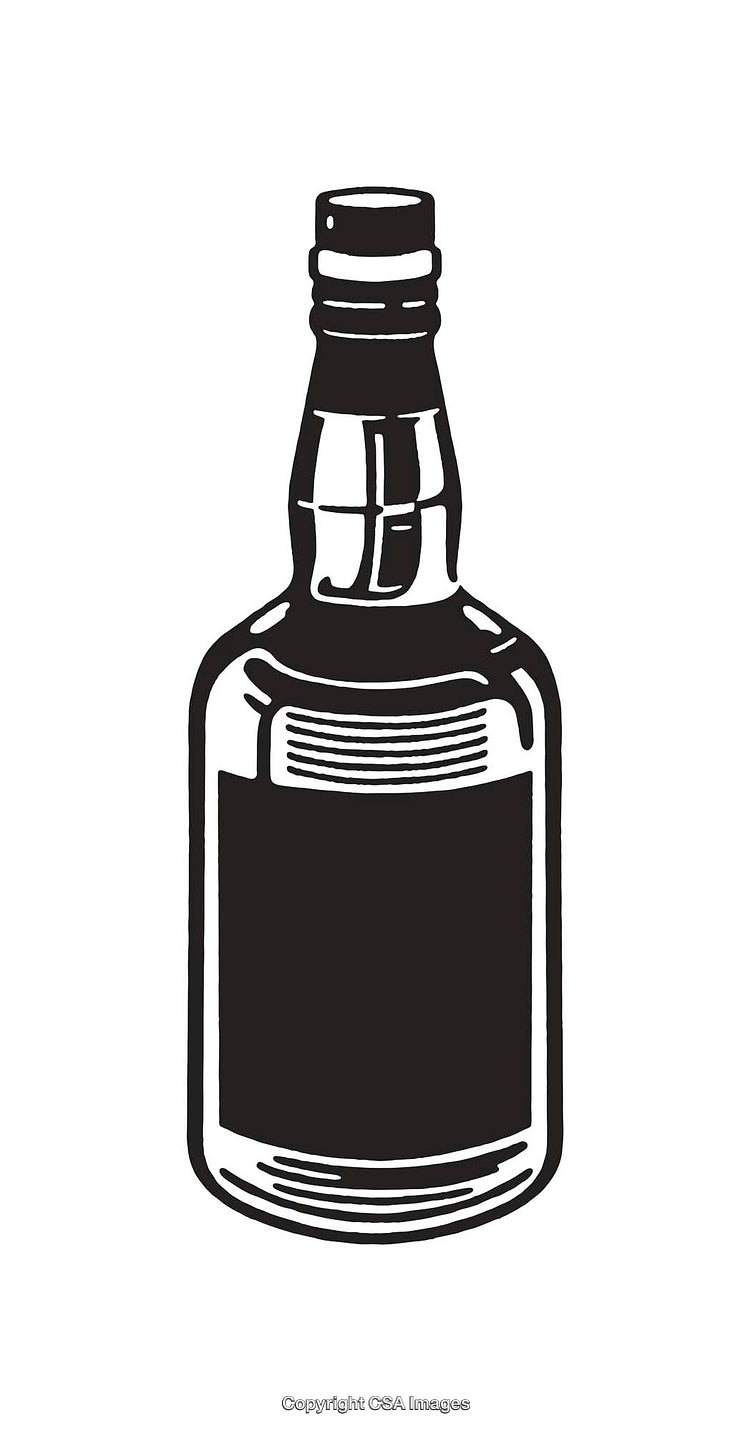 Black and White Line Art Illustration of a Beverage Bottle