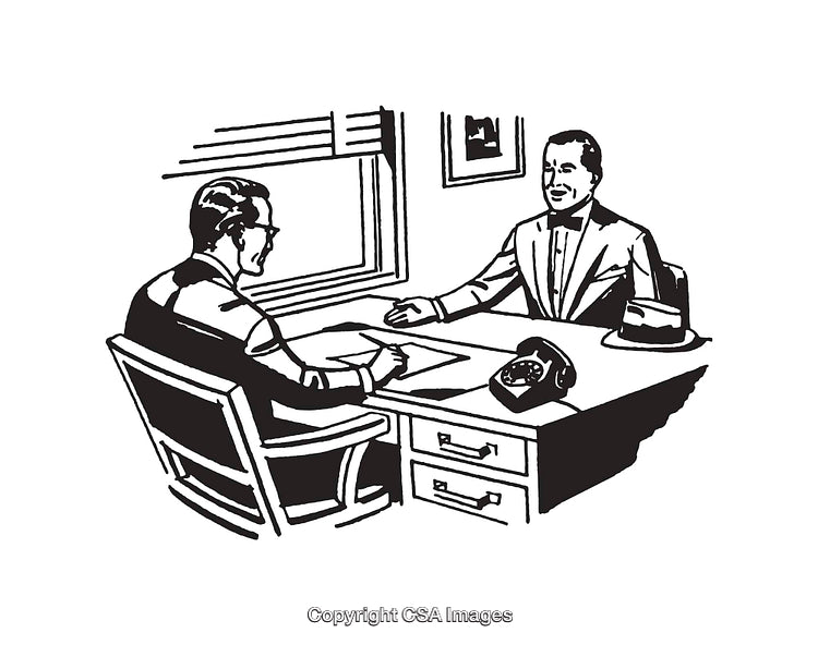Black and White Business Meeting in a Vintage Style Line Drawing