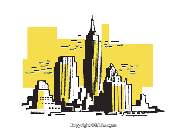Illustrated Skyline Featuring Skyscrapers on a Yellow and White Background