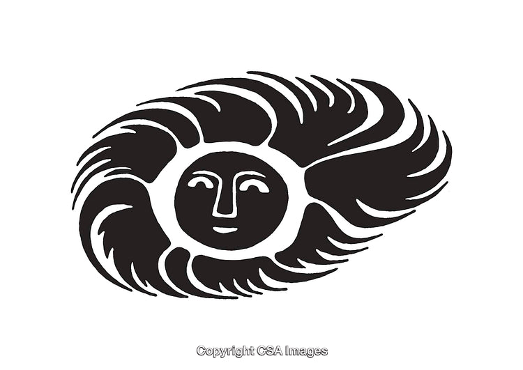 Black and White Abstract Sun Illustration with Face and Flowing Lines