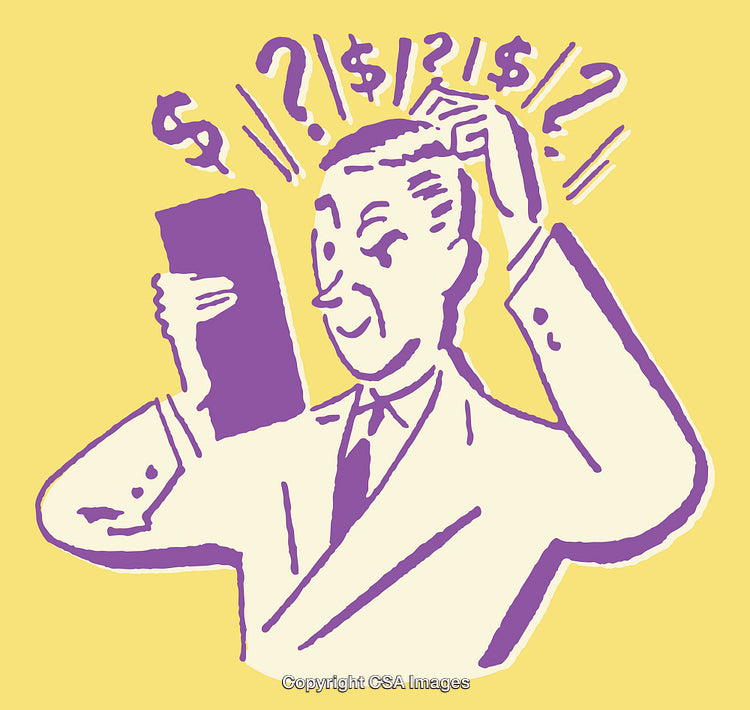 Cartoon Illustration of Confused Businessman with Financial Symbols in Line Art Style