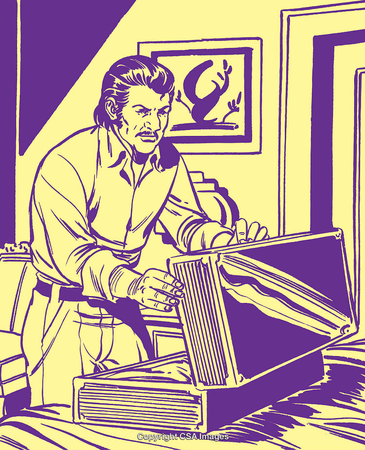 Man Examining Mysterious Briefcase in Vintage Comic Illustration