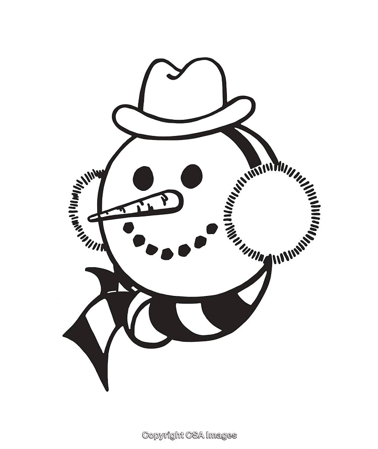 Black and White Snowman Illustration with Winter Accessories and Hat