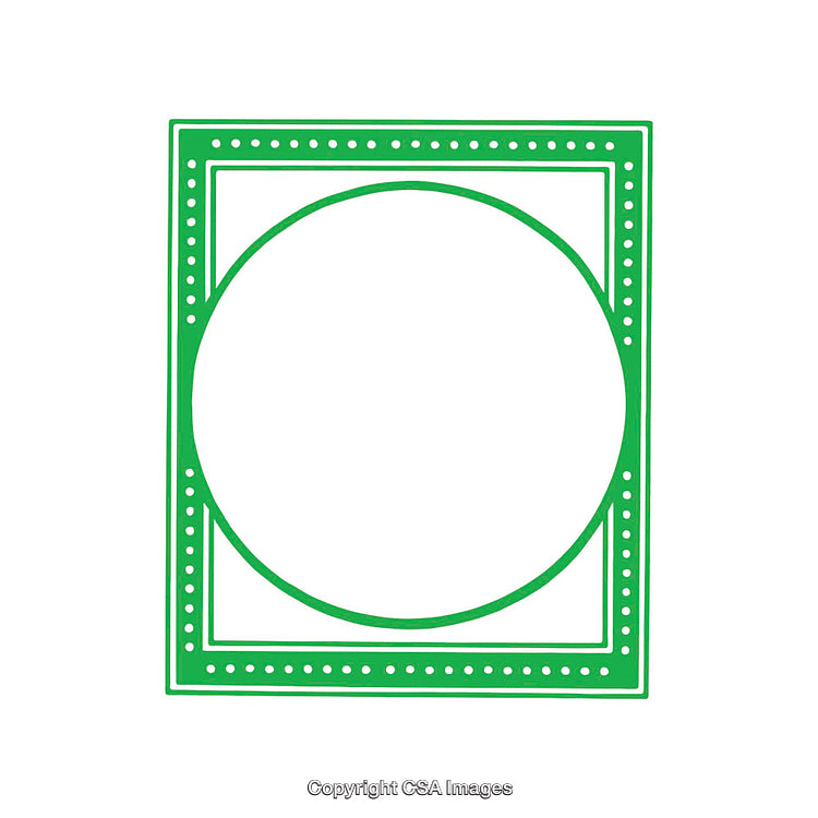 Geometric Green Frame with Circular and Square Designs on White Background