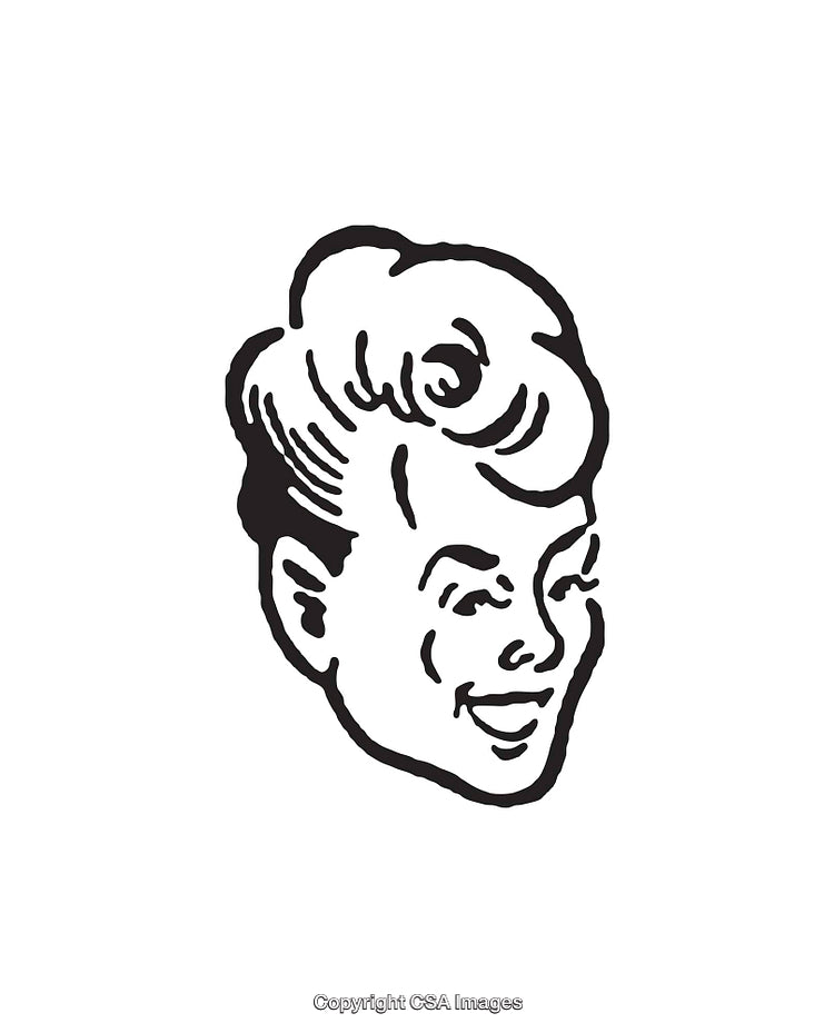 Retro Black and White Line Art Illustration of a Smiling Woman