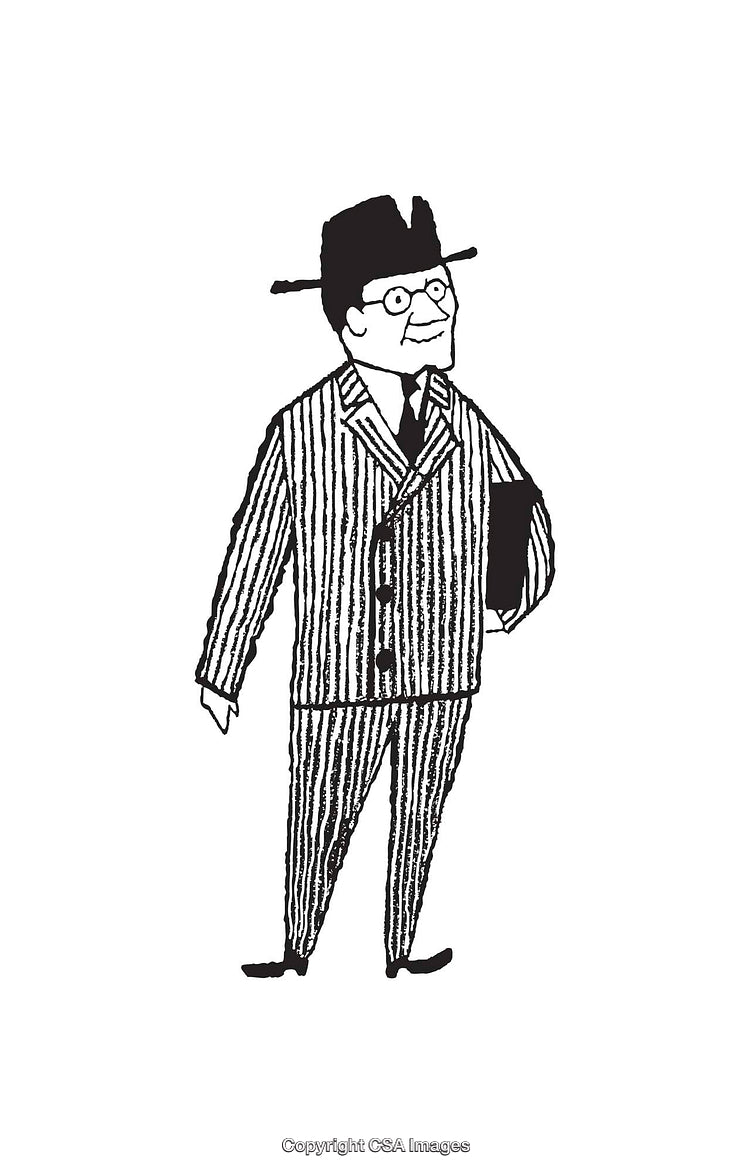 Black and White Line Drawing of a Man in a Striped Suit