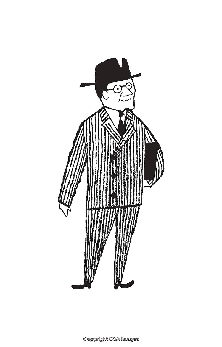Black and White Line Drawing of a Man in a Striped Suit