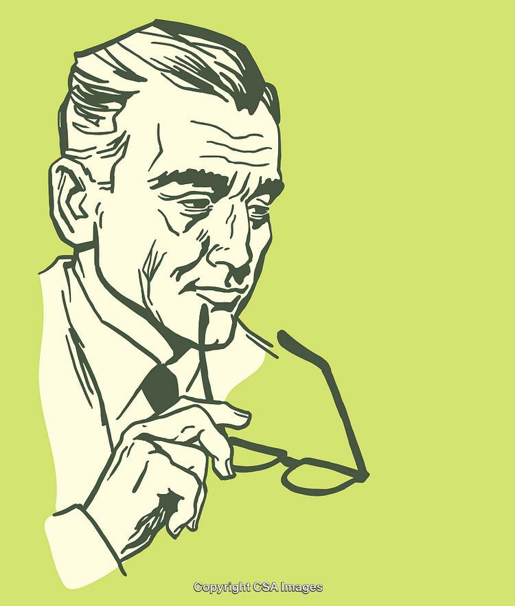 Vintage Styled Illustration of a Pensive Man Holding Eyeglasses