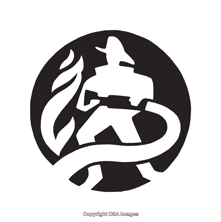 Black And White Line Art Firefighter With Hose Emblem