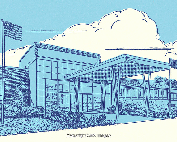 Modern School Building Illustrated with Architectural Elements and American Flags