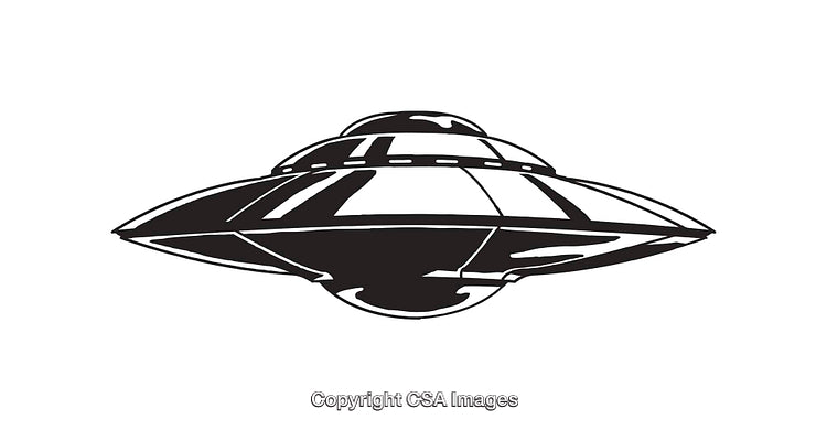Black and White Illustration of a Flying Saucer in Sleek Line Art