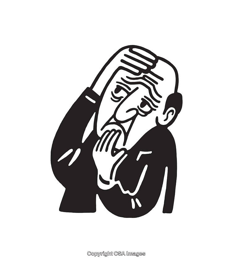 Black and White Illustration of a Concerned Senior Man