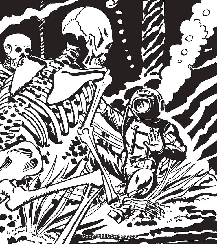 Deep Sea Diver Encountering Skeletons in Underwater Mysterious Scene Illustration
