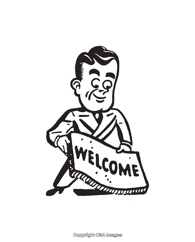 Vintage Black and White Illustration Featuring a Welcoming Man with Sign
