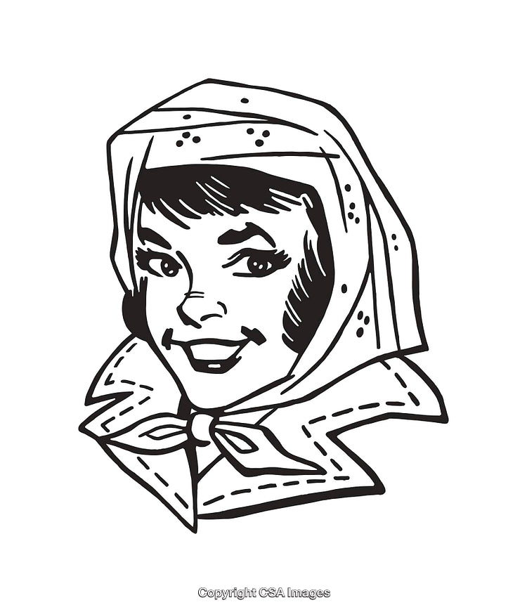 Black and White Illustration of Smiling Woman in Traditional Headscarf