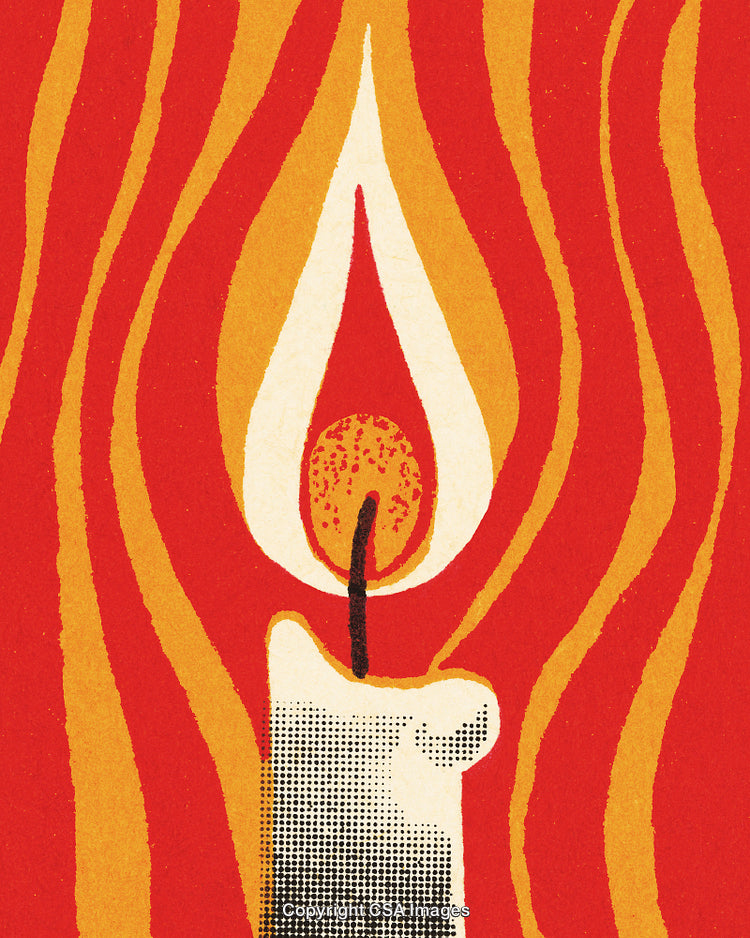 Creative Candle Illustration with Flame on Vibrant Red and Orange Background