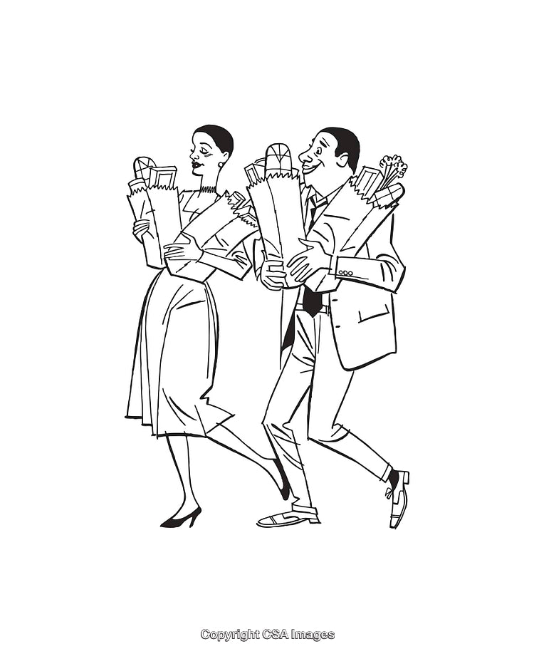 Black and White Illustration of a Happy Couple with Grocery Bags
