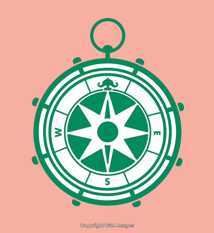 Green Compass Line Art Illustration on Coral Pink Background