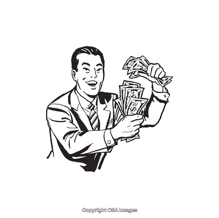 Retro Illustration of a Happy Man Holding Cash in Both Hands
